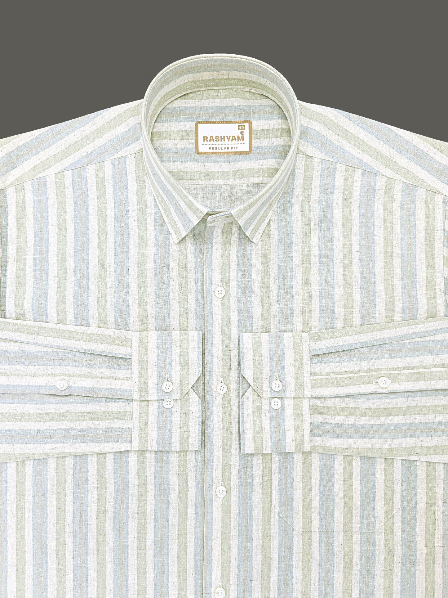 Orvieto Luxurious Linen Cotton Cream With Light Green And Light Grey-Blue Stripes Formal Shirts