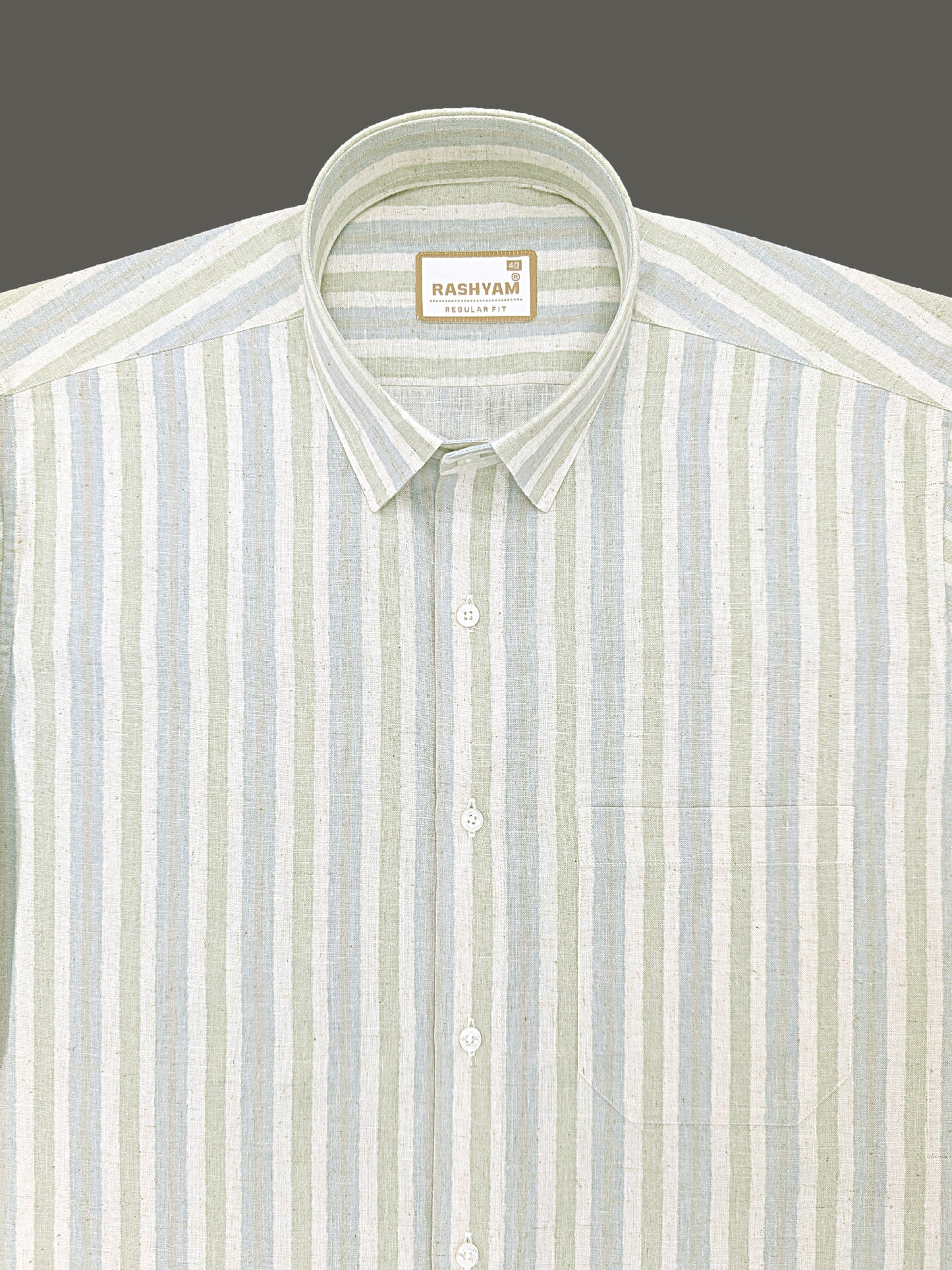 Orvieto Luxurious Linen Cotton Cream With Light Green And Light Grey-Blue Stripes Formal Shirts