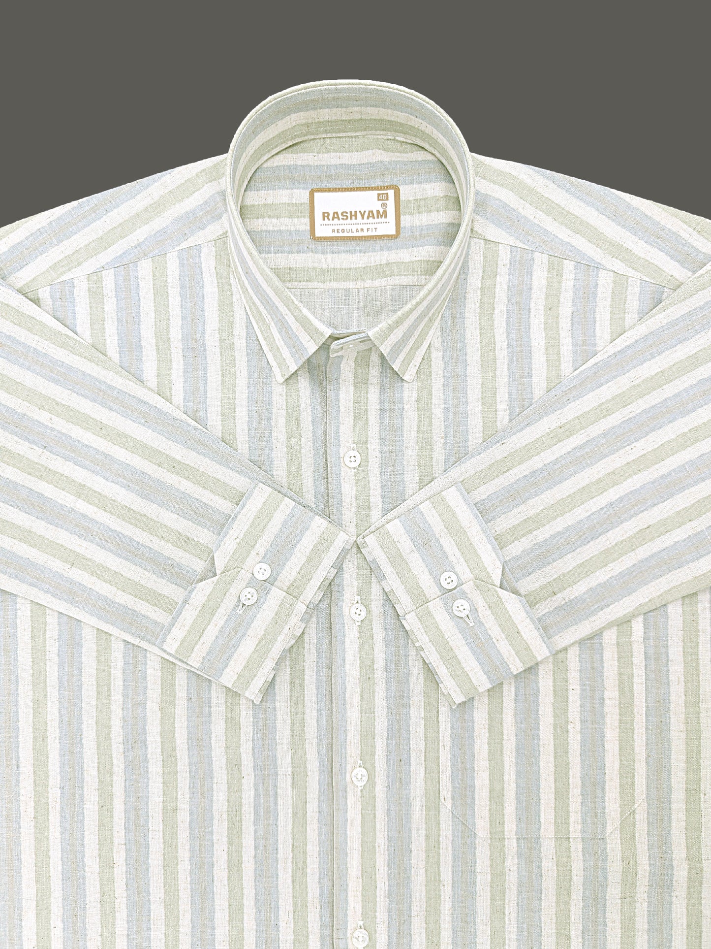 Orvieto Luxurious Linen Cotton Cream With Light Green And Light Grey-Blue Stripes Formal Shirts