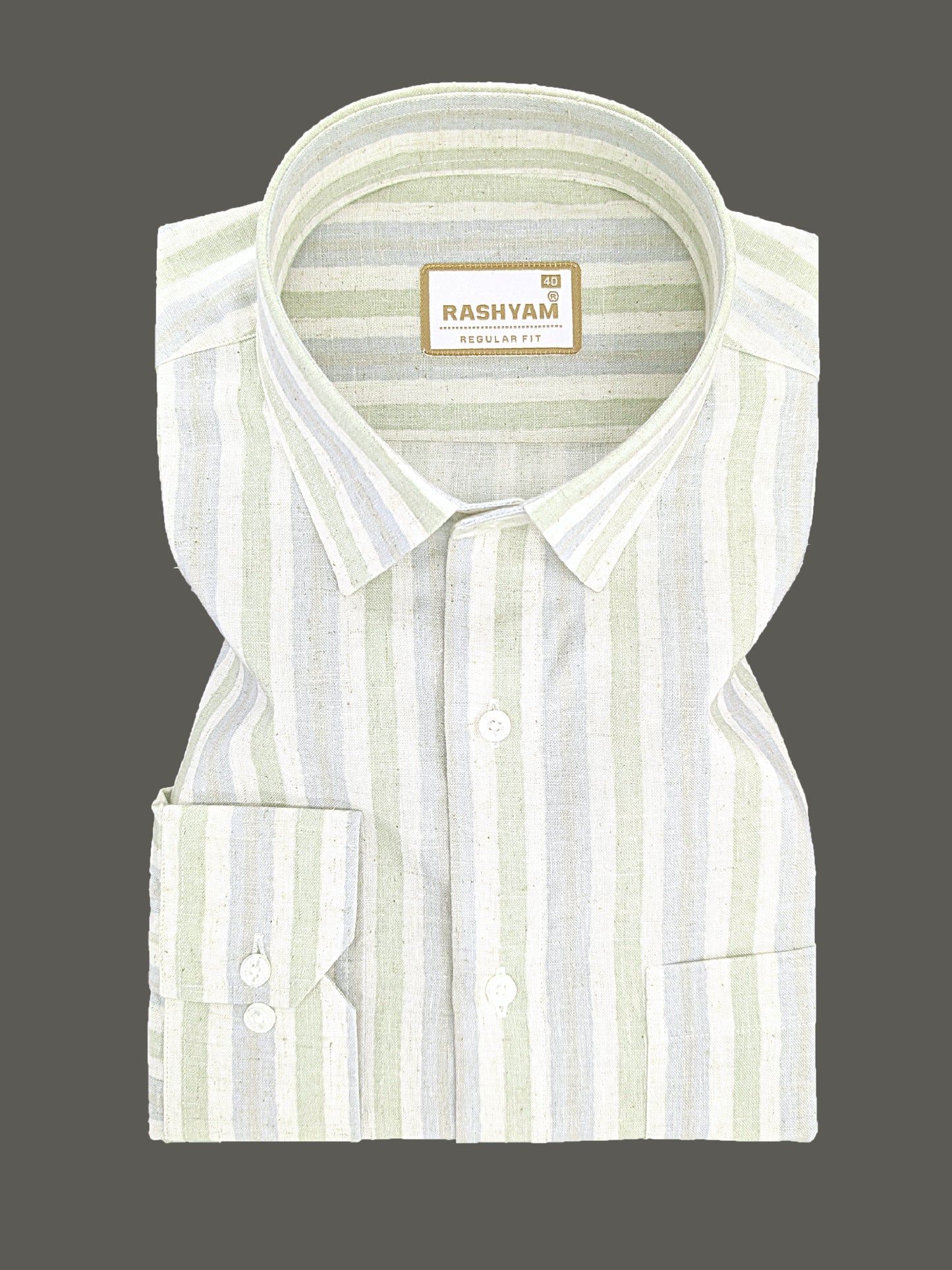 Orvieto Luxurious Linen Cotton Cream With Light Green And Light Grey-Blue Stripes Formal Shirts