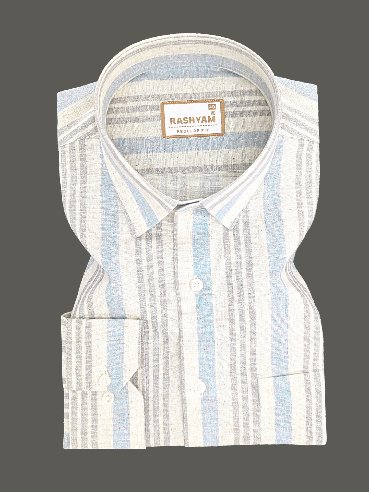 Orvieto Luxurious Linen Cotton Cream With Light Blue And Light Grey Stripes Formal Shirts