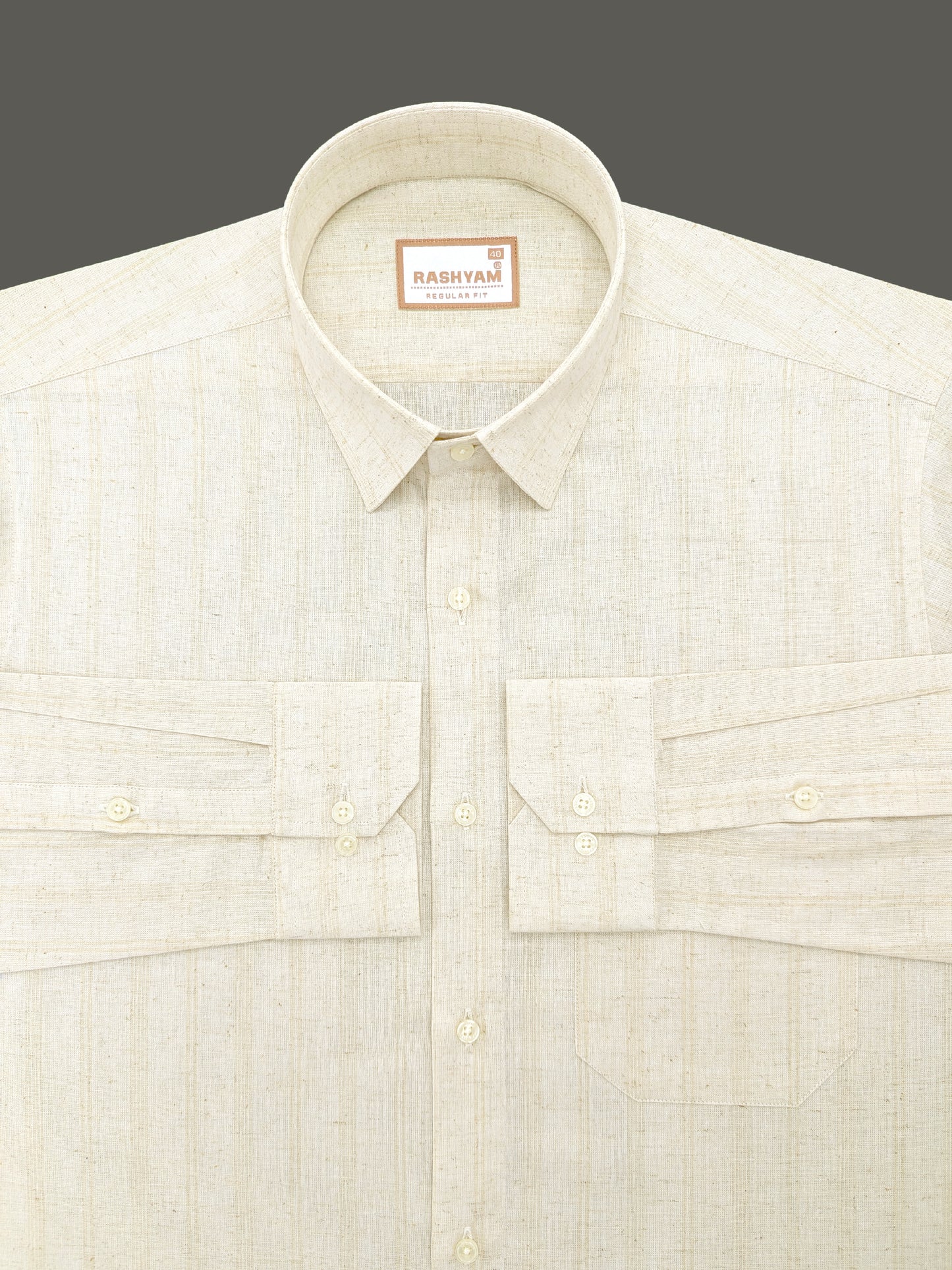 Light Brown Line On Cream Natural Linen Shirt For Men