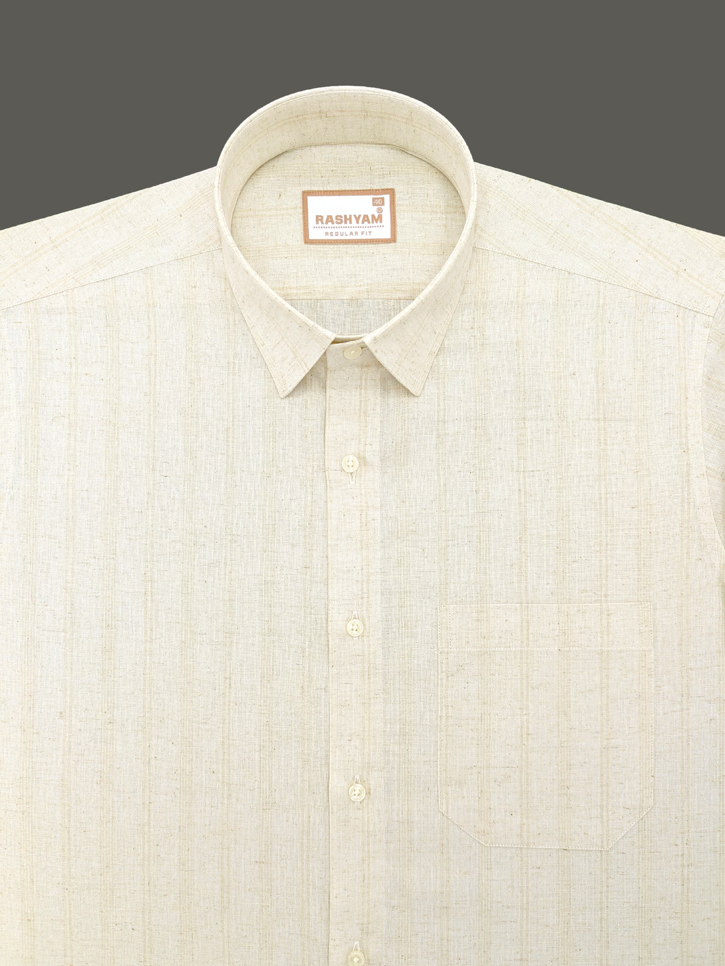 Light Brown Line On Cream Natural Linen Shirt For Men