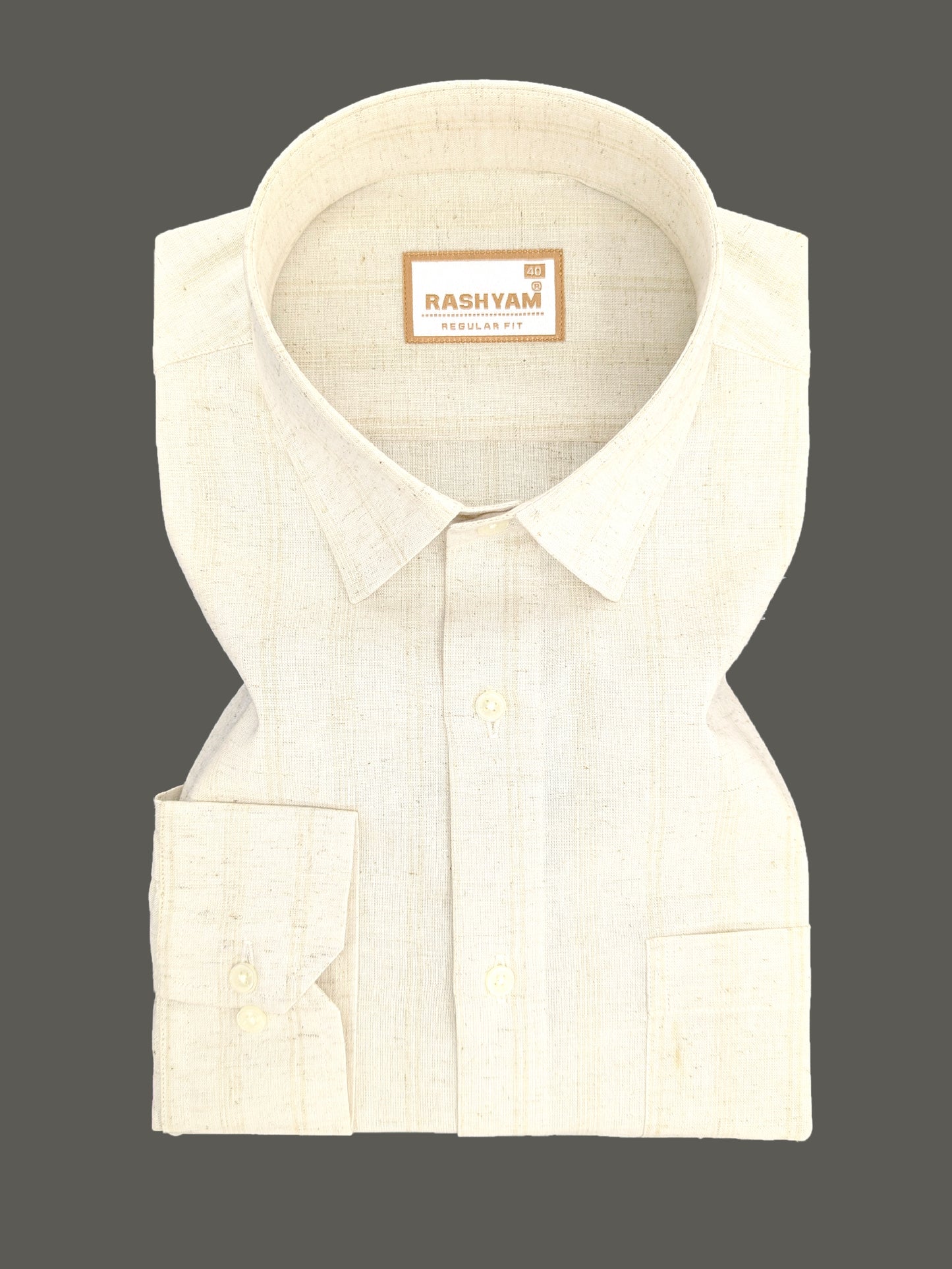 Light Brown Line On Cream Natural Linen Shirt For Men