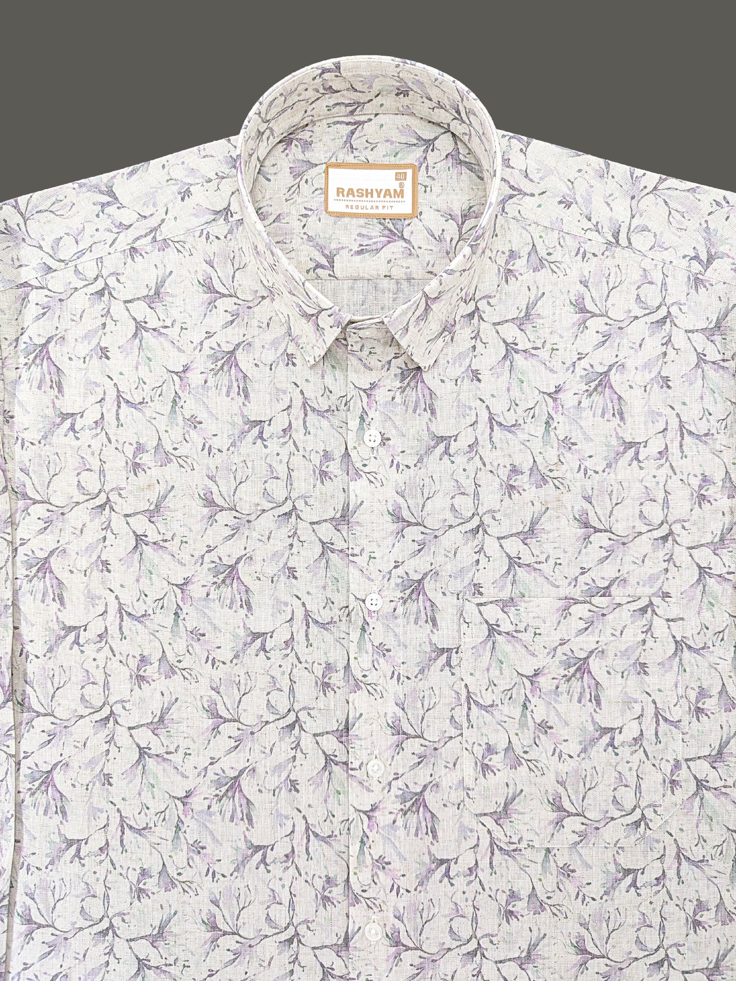 Premium Linen Cotton Lavender Meadow Vine Print On Cream Shirt For Men