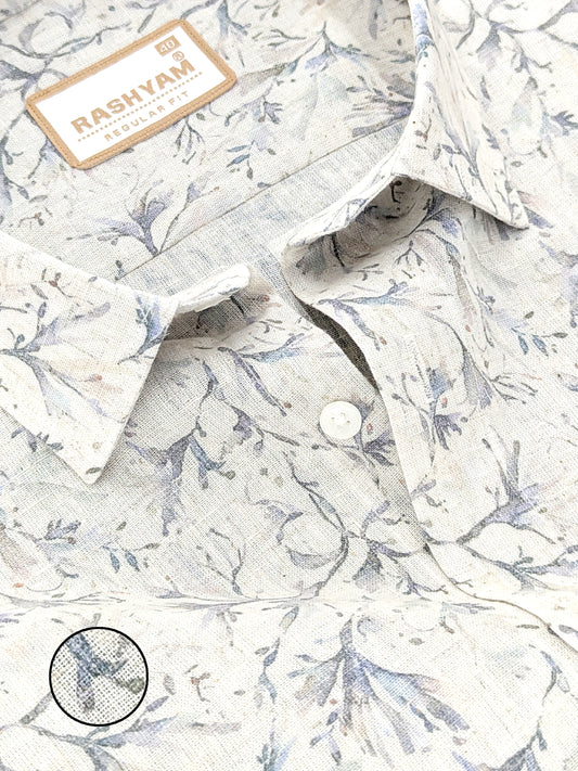 Premium Linen Cotton Floral Veil Print On Cream Shirt For Men