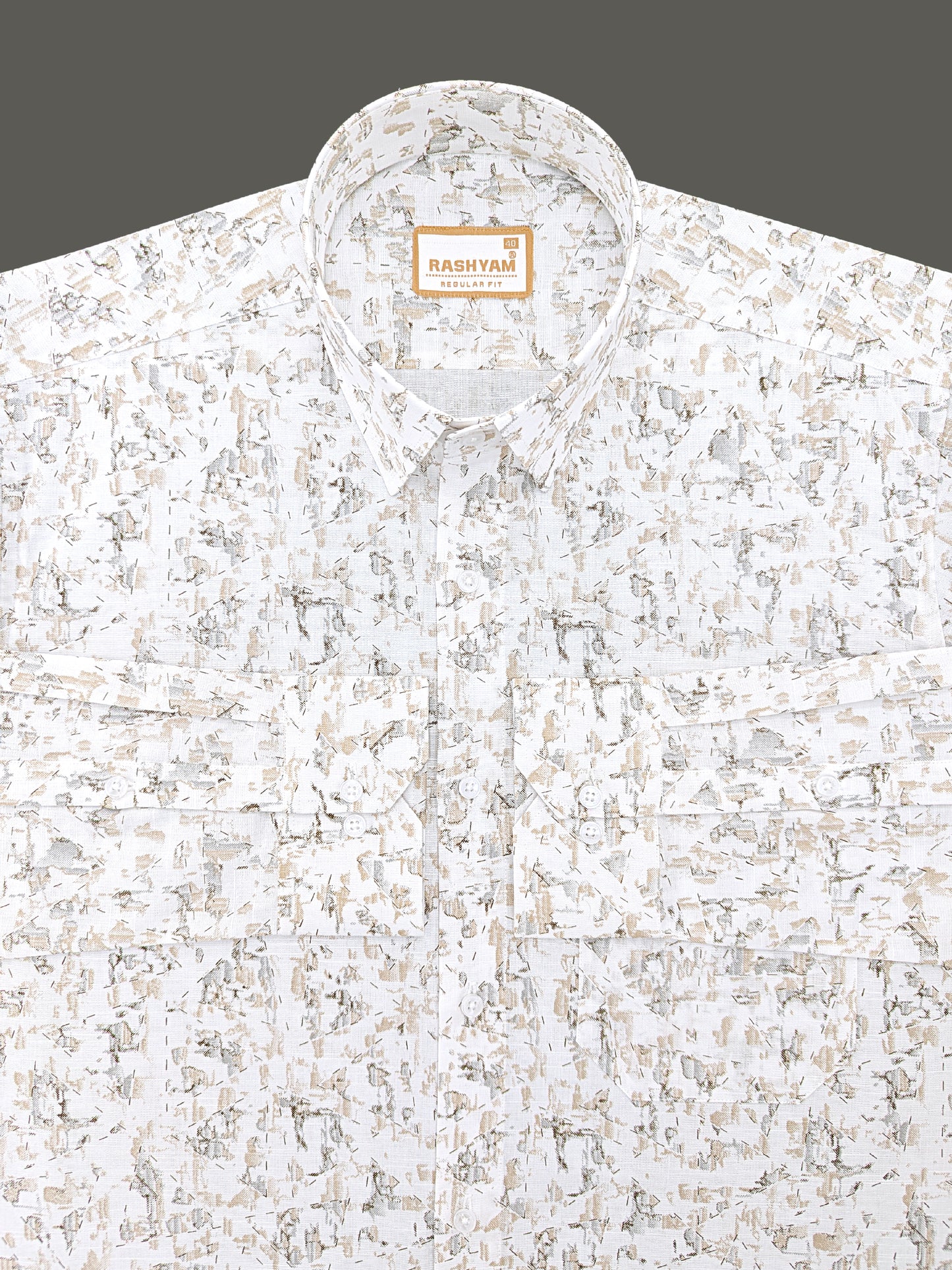 Premium Linen Cotton Latte Mist Print On White Shirt For Men