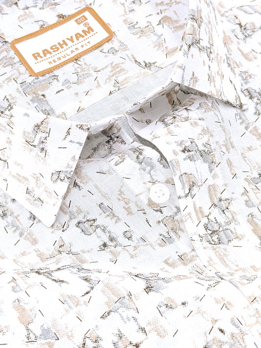 Premium Linen Cotton Latte Mist Print On White Shirt For Men