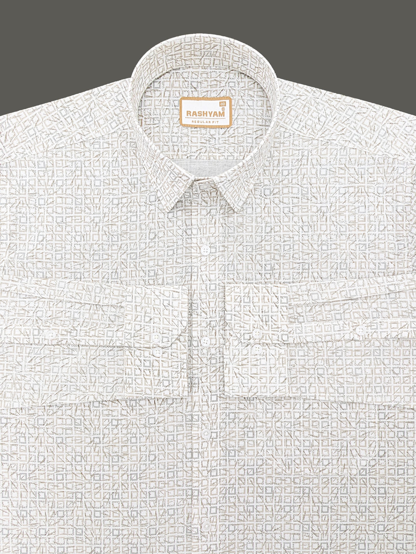 Premium Linen Cotton Abstract Tribal Geo Pattern On White Shirt for men