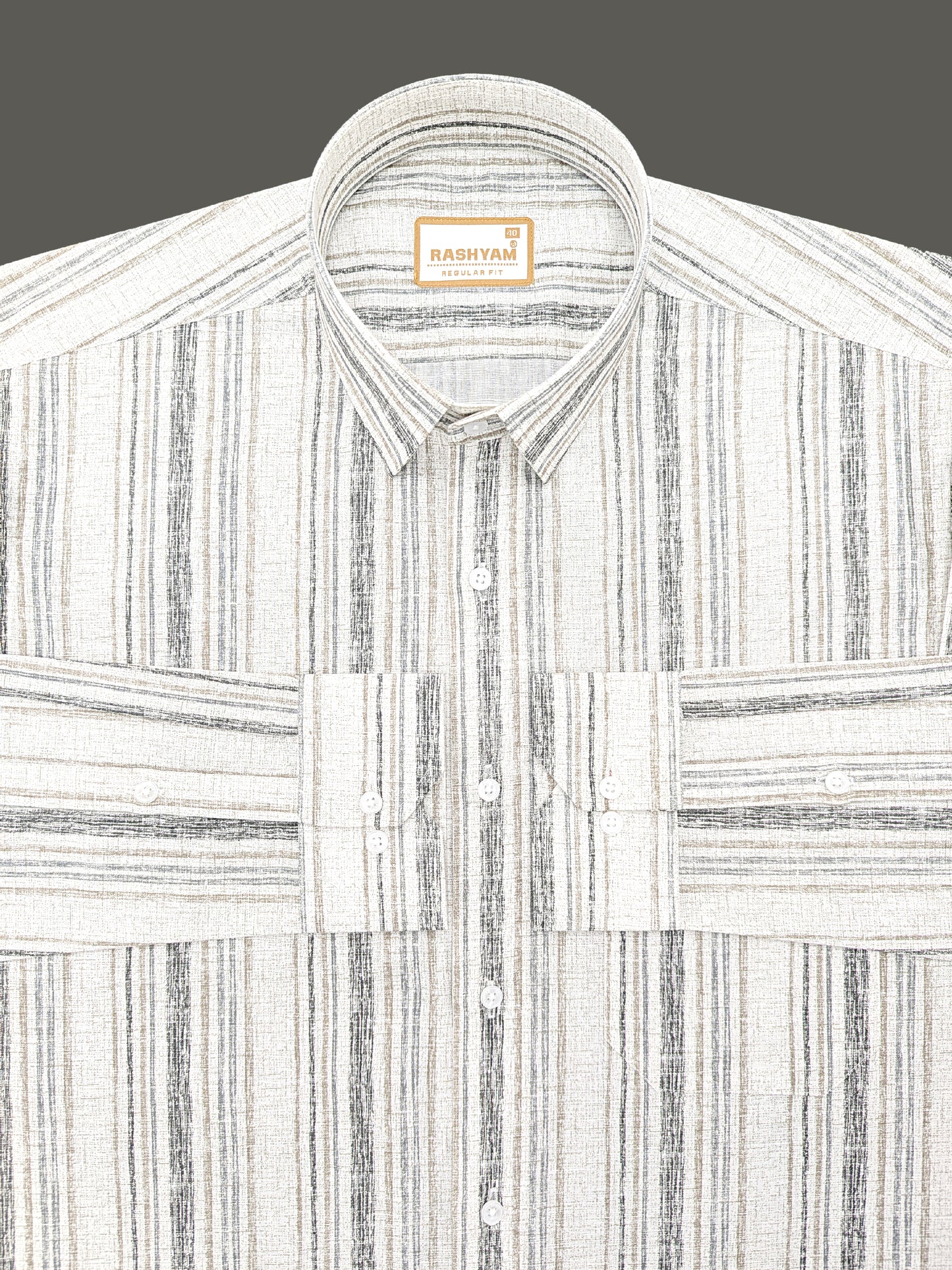 Premium Linen Cotton Black And Brown Multi Line on Cream Formal Shirt
