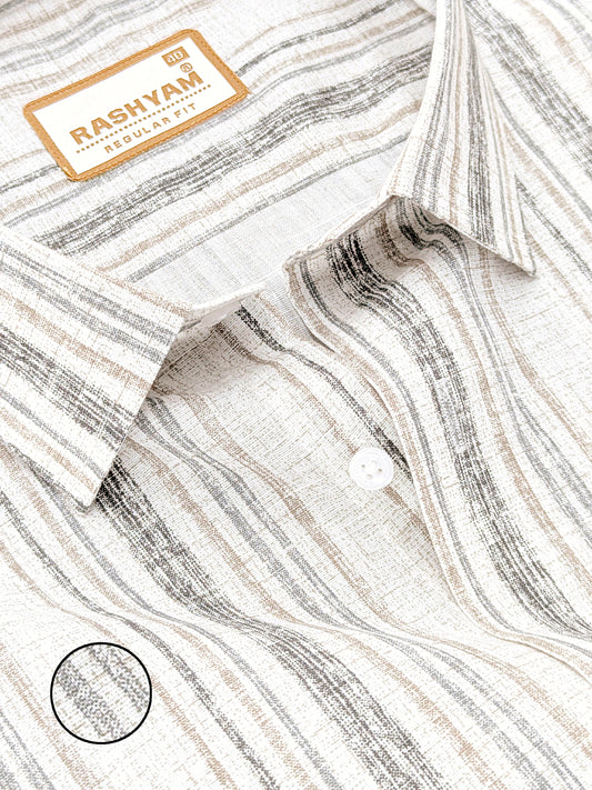 Premium Linen Cotton Black And Brown Multi Line on Cream Formal Shirt