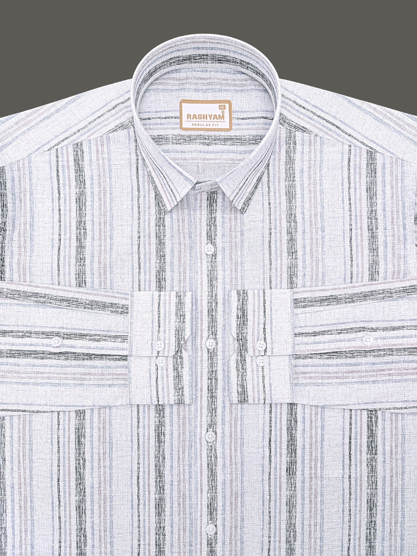 Premium Linen Cotton Black And Blue Multi Line on Greyish White Formal Shirt