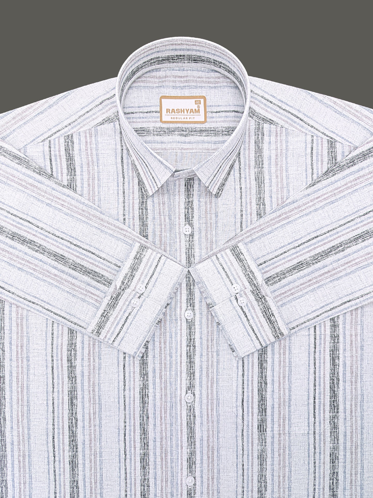 Premium Linen Cotton Black And Blue Multi Line on Greyish White Formal Shirt