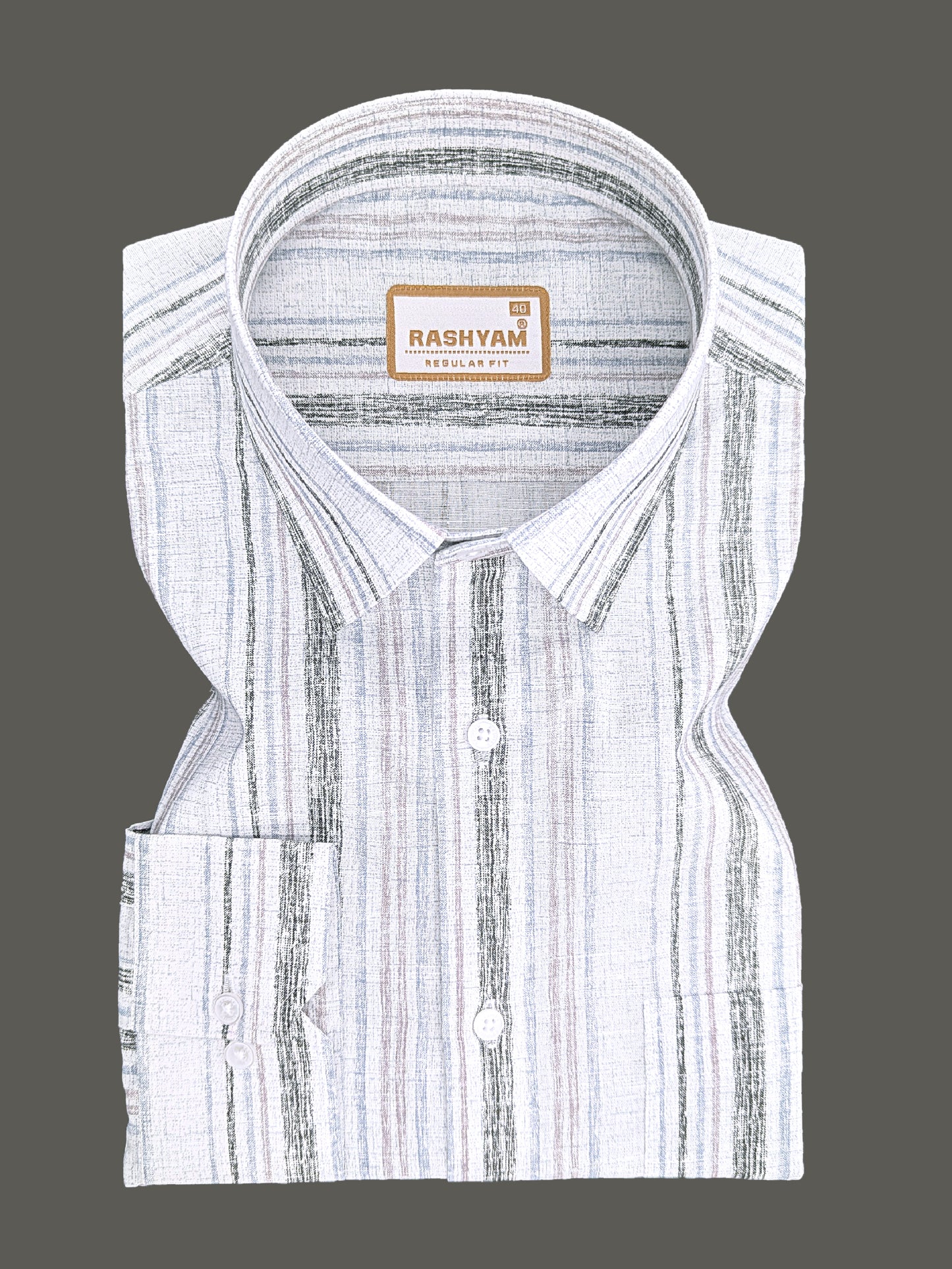 Premium Linen Cotton Black And Blue Multi Line on Greyish White Formal Shirt