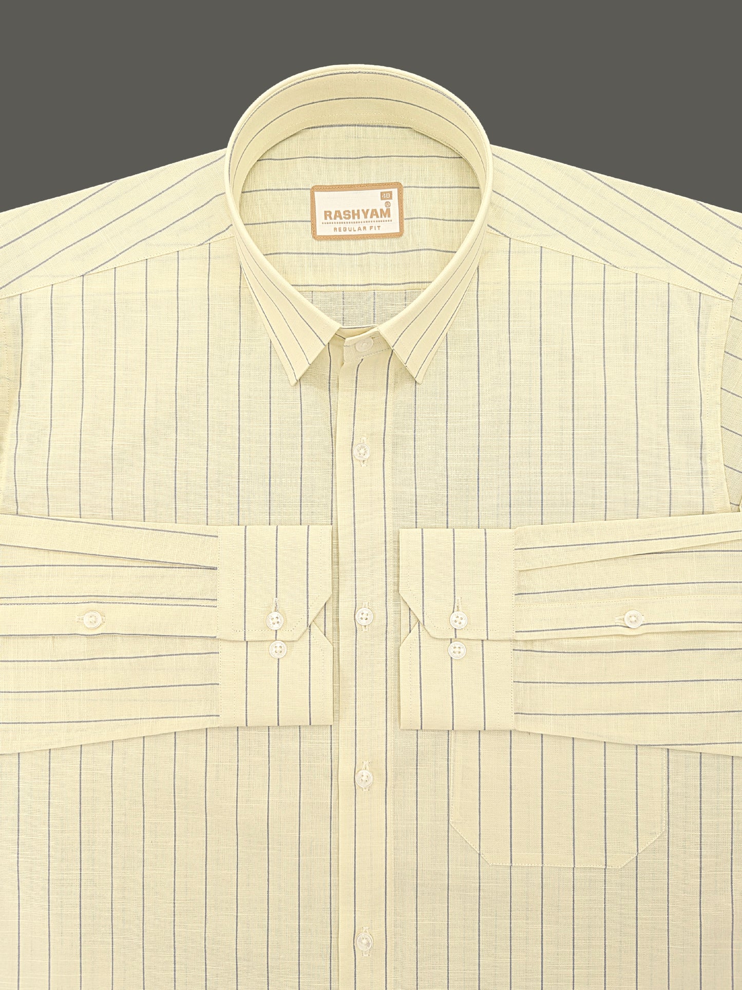 Premium Linen Cotton Greyish Line On Yellow Formal Shirt For Men
