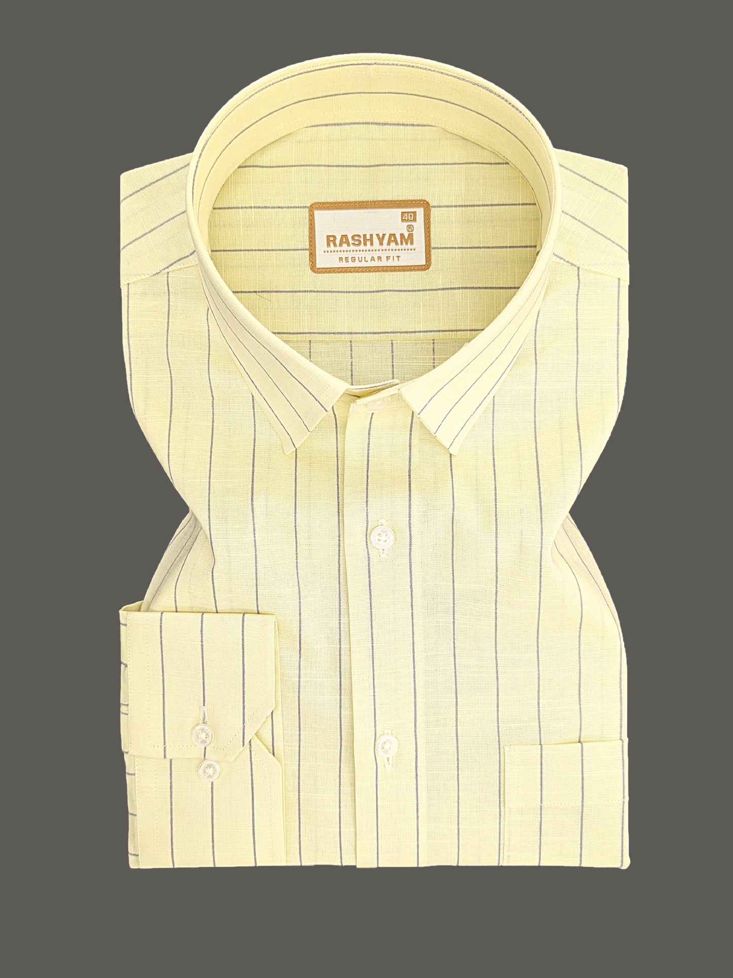 Premium Linen Cotton Greyish Line On Yellow Formal Shirt For Men