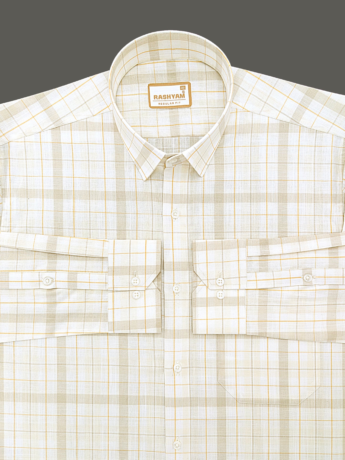 Premium Cotton Beige Cream with Golden Yellow Checks Shirt For Men