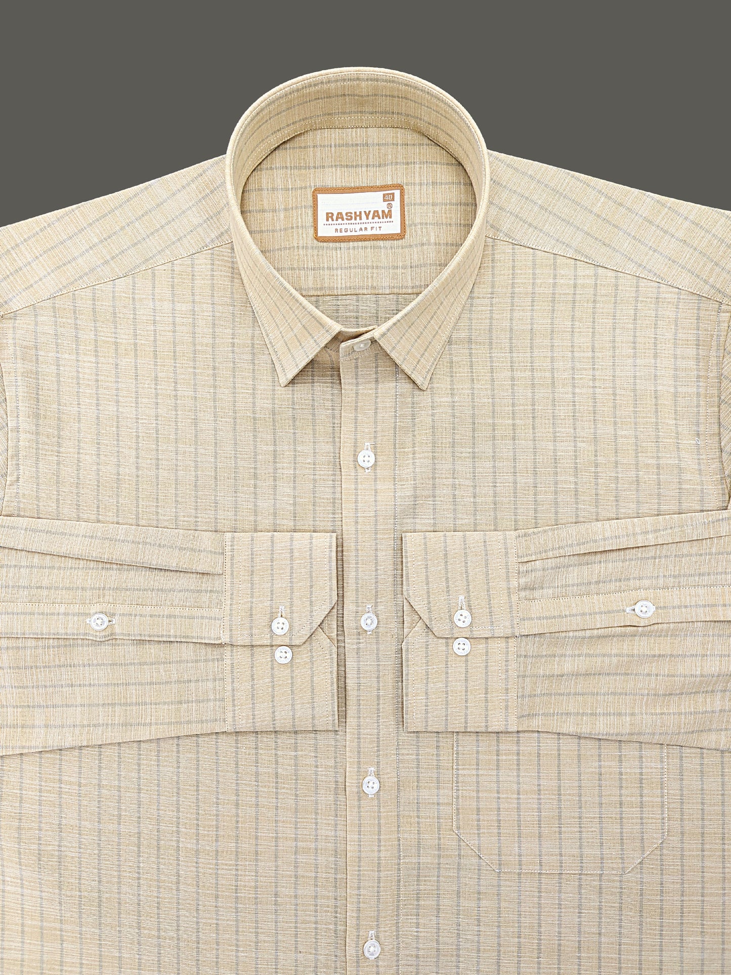 Premium Linen Cotton Light Grey Line On Khaki Shirt For Men