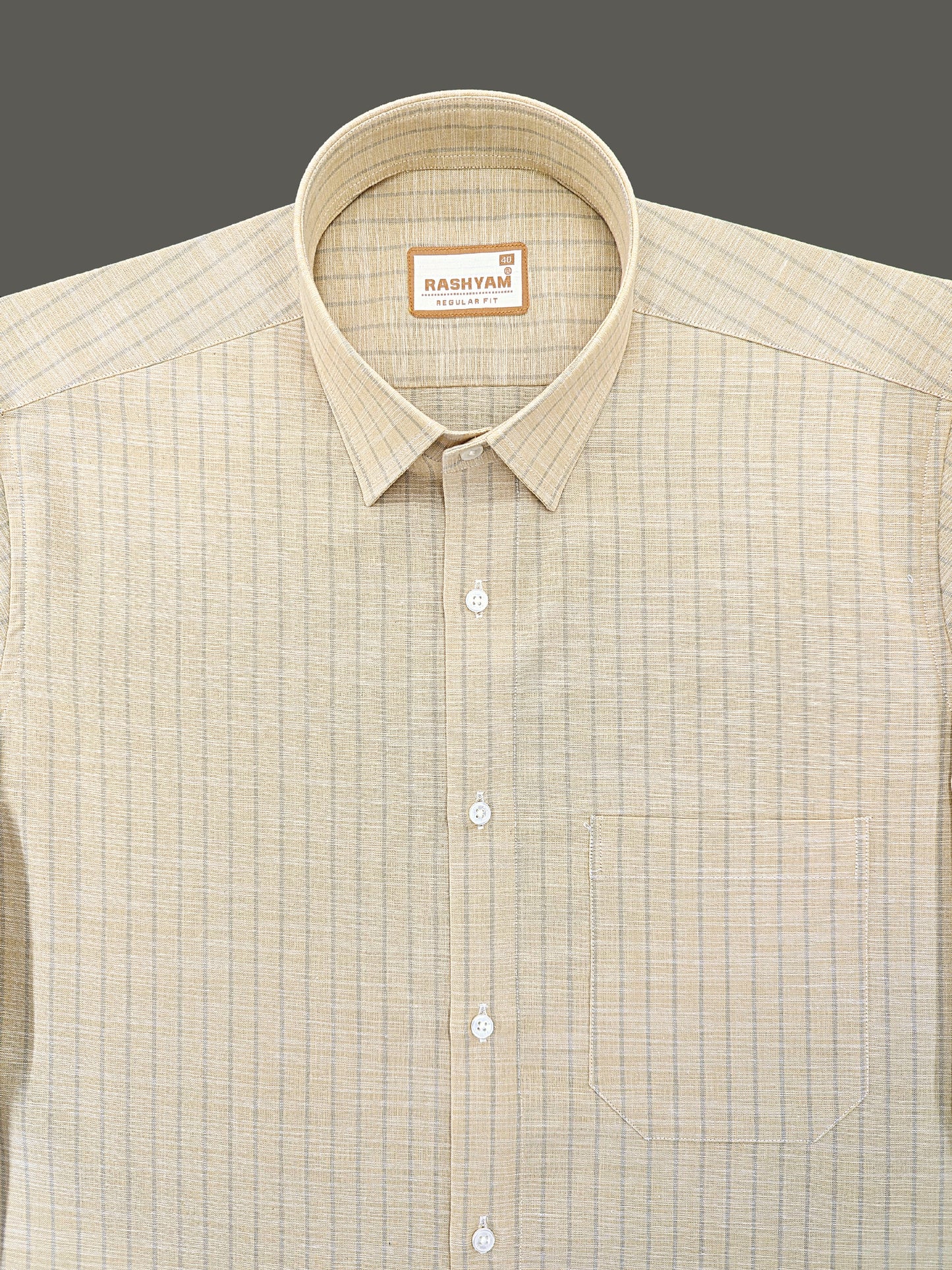Premium Linen Cotton Light Grey Line On Khaki Shirt For Men