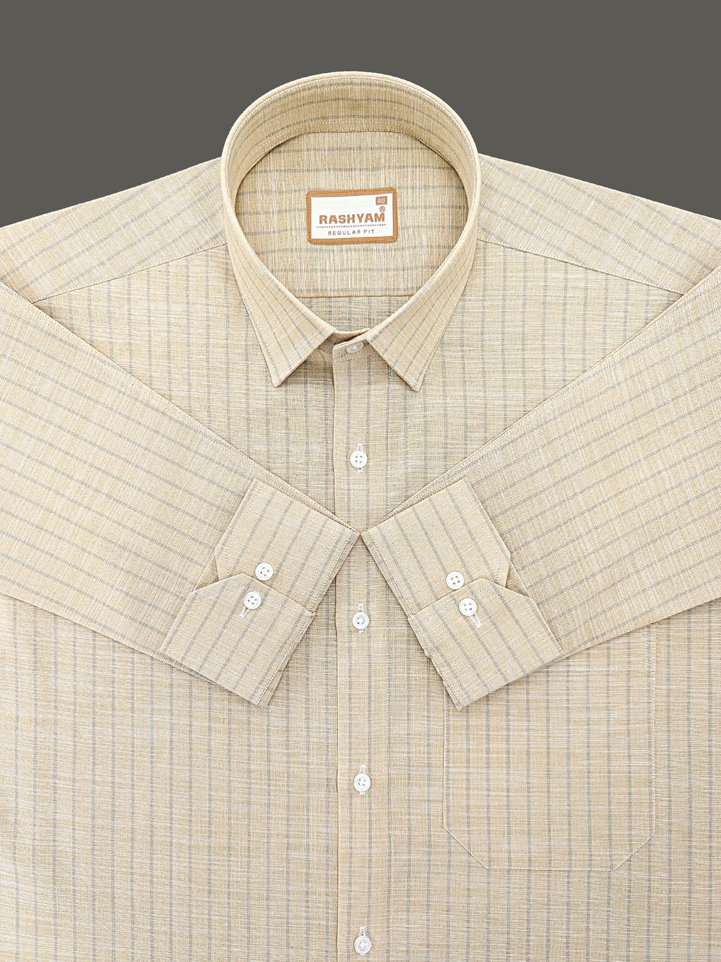 Premium Linen Cotton Light Grey Line On Khaki Shirt For Men