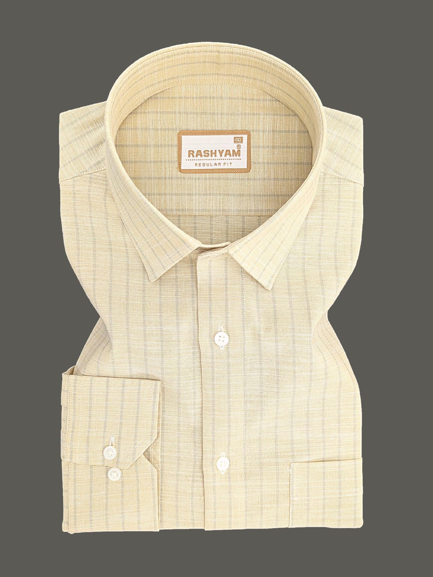 Premium Linen Cotton Light Grey Line On Khaki Shirt For Men