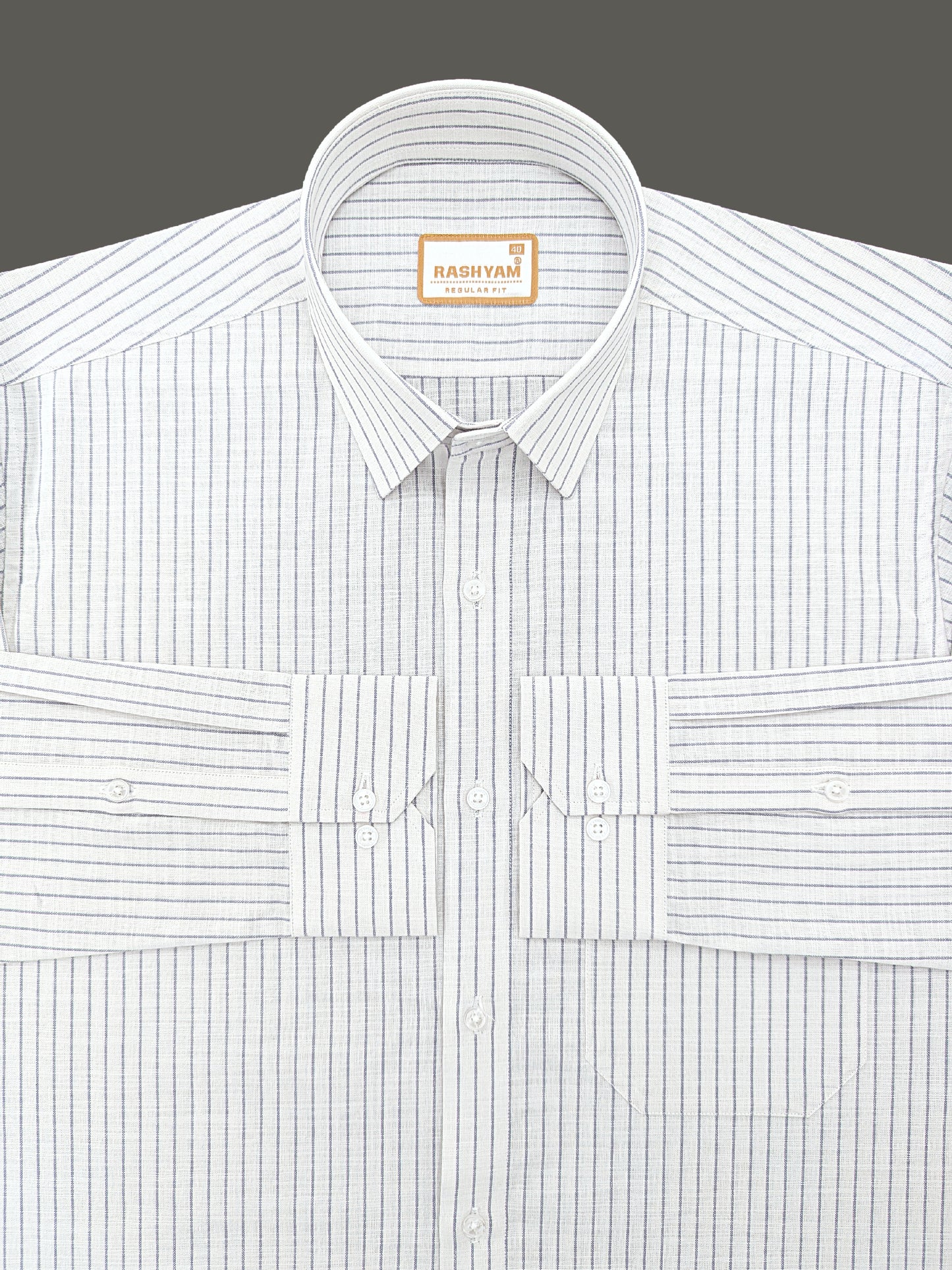 Premium Linen Cotton Greyish Broad Line On White Formal Shirt For Men