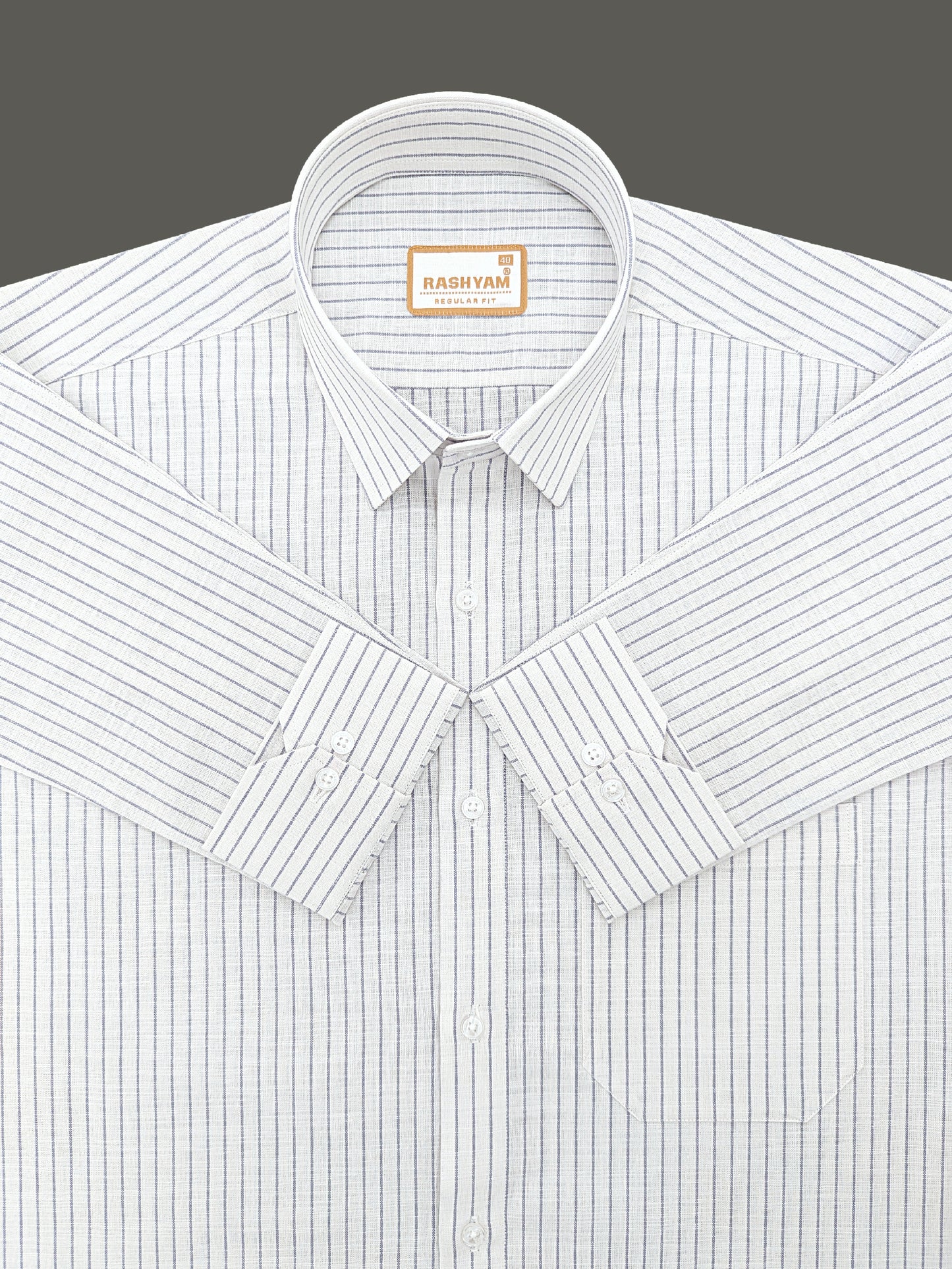 Premium Linen Cotton Greyish Broad Line On White Formal Shirt For Men