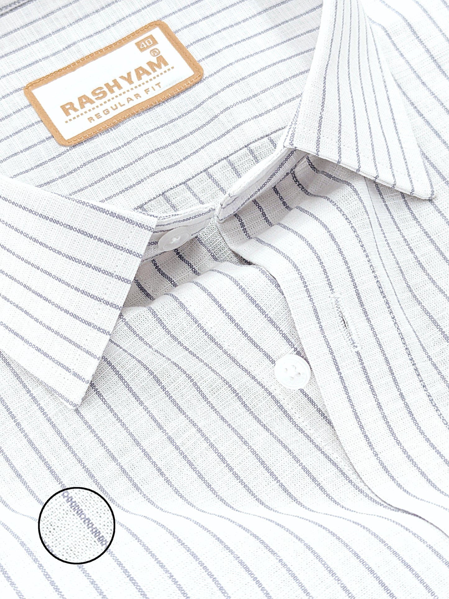 Premium Linen Cotton Greyish Broad Line On White Formal Shirt For Men