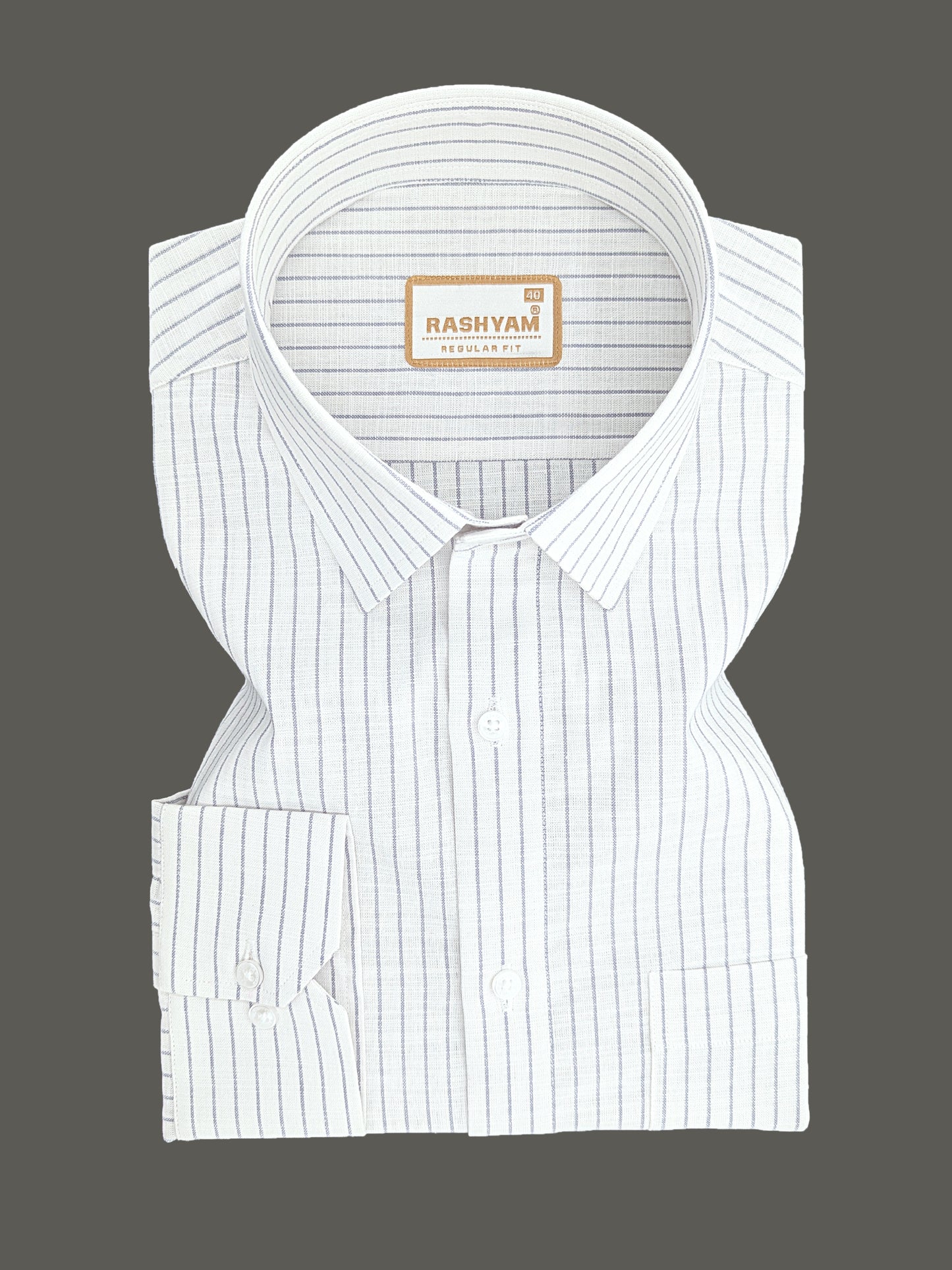 Premium Linen Cotton Greyish Broad Line On White Formal Shirt For Men