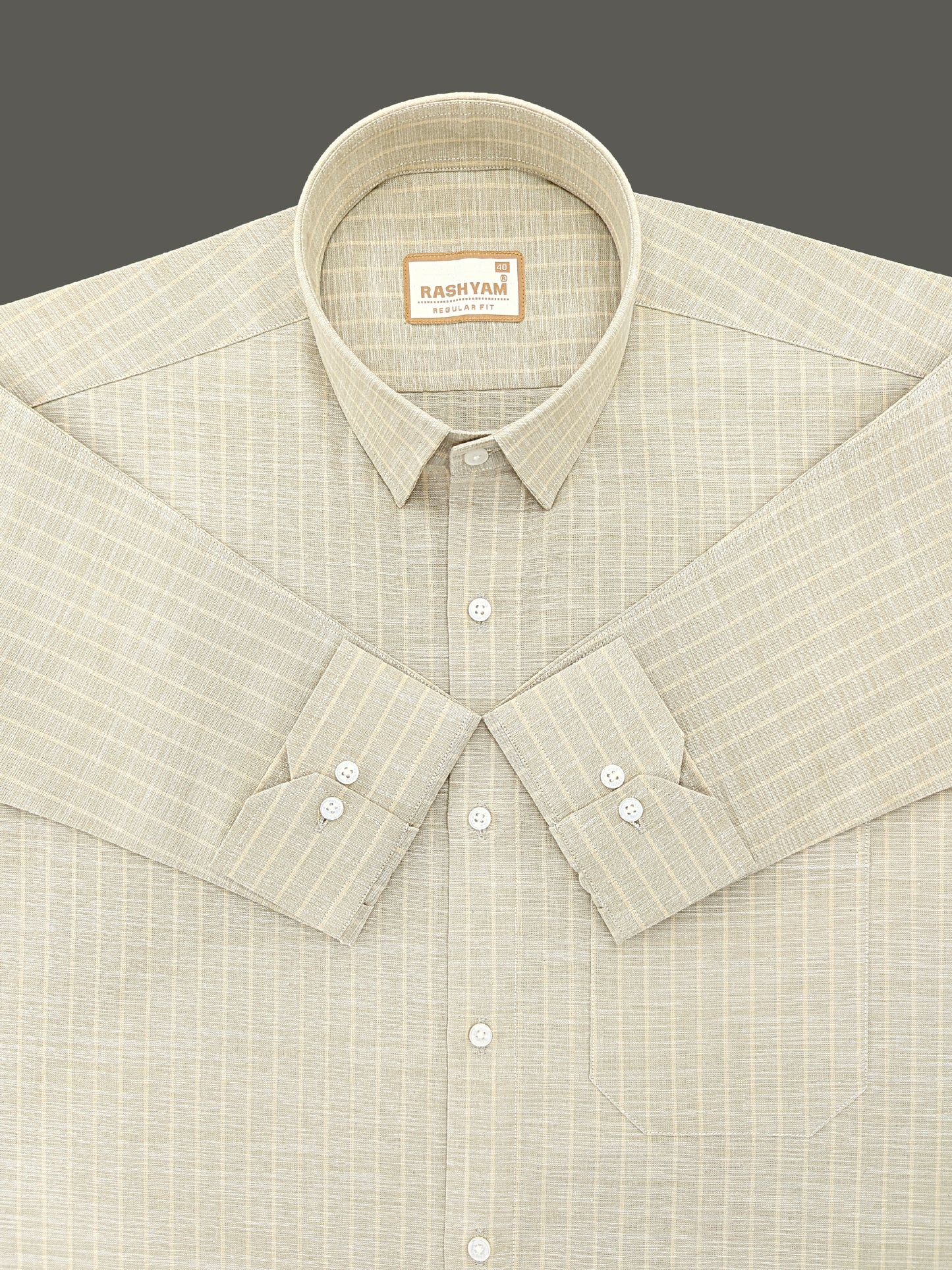 Premium Linen Cotton Light Cream Line On Khaki Shirt For Men