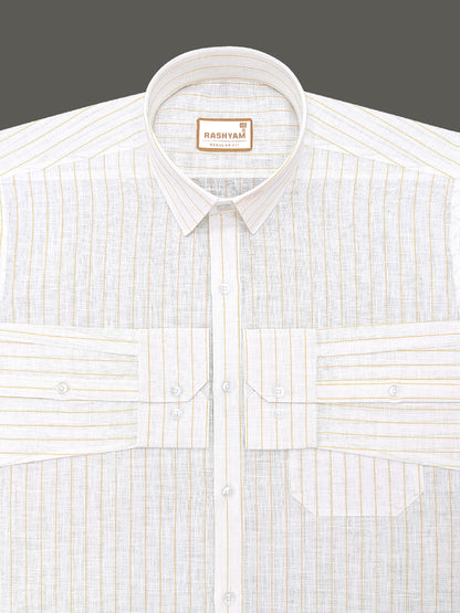 Arezzo Italian Premium Linen Yellow Line On White Formal Shirt For Men