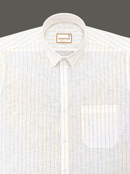 Arezzo Italian Premium Linen Yellow Line On White Formal Shirt For Men