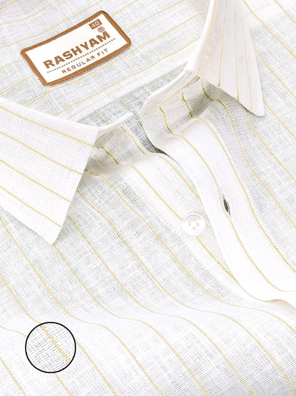 Arezzo Italian Premium Linen Yellow Line On White Formal Shirt For Men