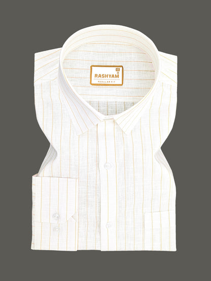 Arezzo Italian Premium Linen Yellow Line On White Formal Shirt For Men