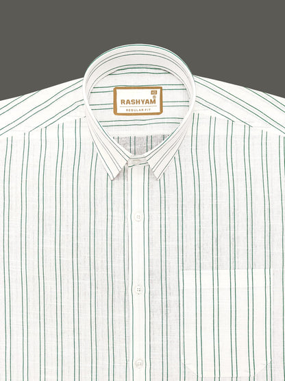 Arezzo Italian Premium Linen Double Green Line On White Formal Shirt For Men