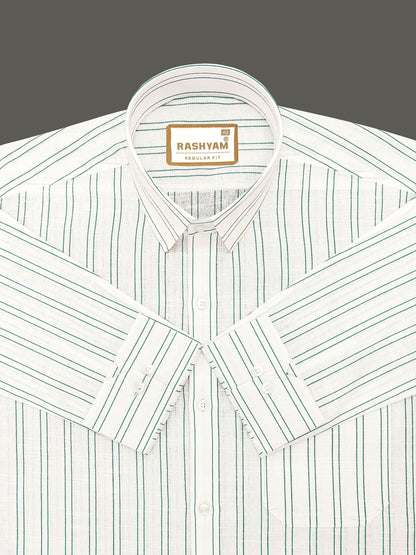 Arezzo Italian Premium Linen Double Green Line On White Formal Shirt For Men