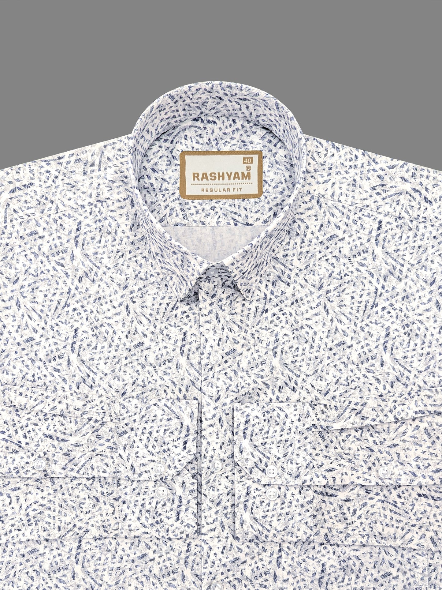 Premium Giza Cotton Chambray Blue Print On White Formal Shirt For men