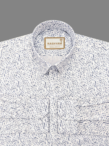 Premium Giza Cotton Chambray Blue Print On White Formal Shirt For men