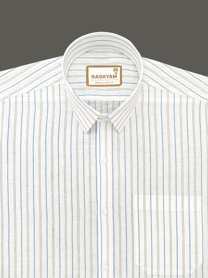 Arezzo Italian Premium Linen Blue With Black Twin Line On White Formal Shirt For Men