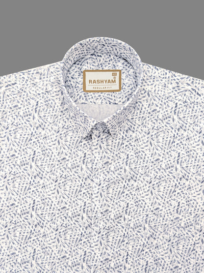 Premium Giza Cotton Chambray Blue Print On White Formal Shirt For men