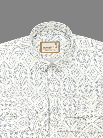 Premium Linen Cotton Acrylic Print On Cream Formal Shirt For Men