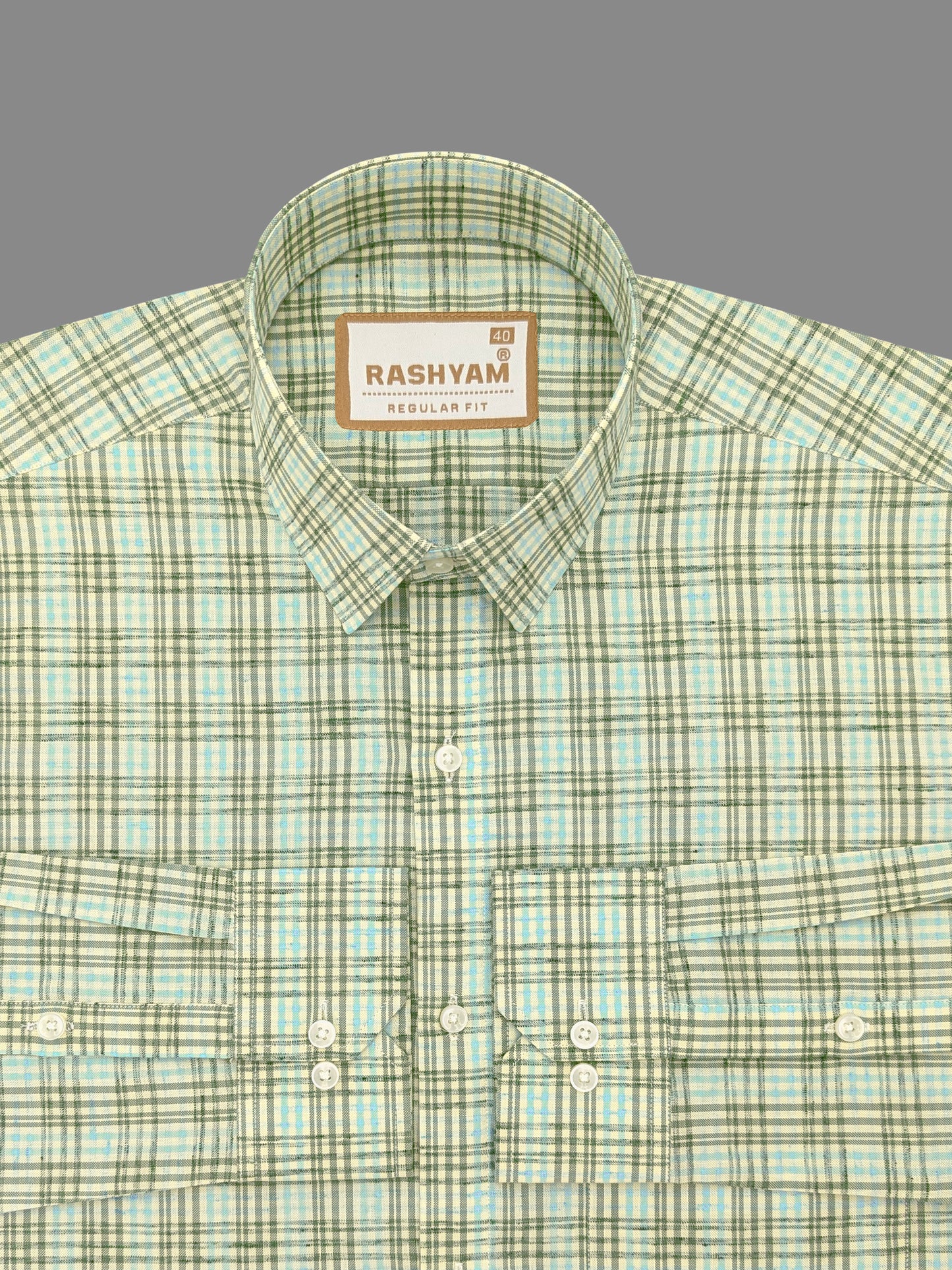 Viridian Green With Coral Blue Multi Checks Giza Cotton Shirt