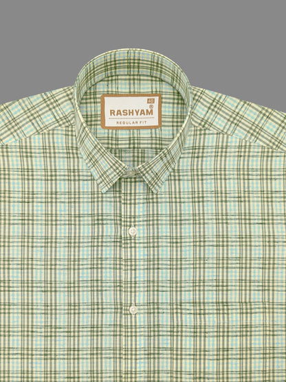 Viridian Green With Coral Blue Multi Checks Giza Cotton Shirt