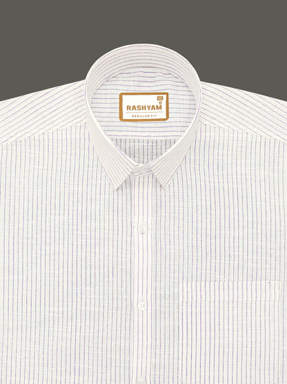 Arezzo Italian Premium Linen Purple Multi Line On White Formal Shirt For Men