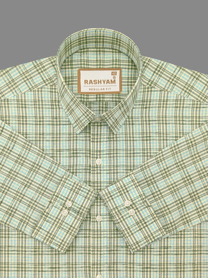 Viridian Green With Coral Blue Multi Checks Giza Cotton Shirt