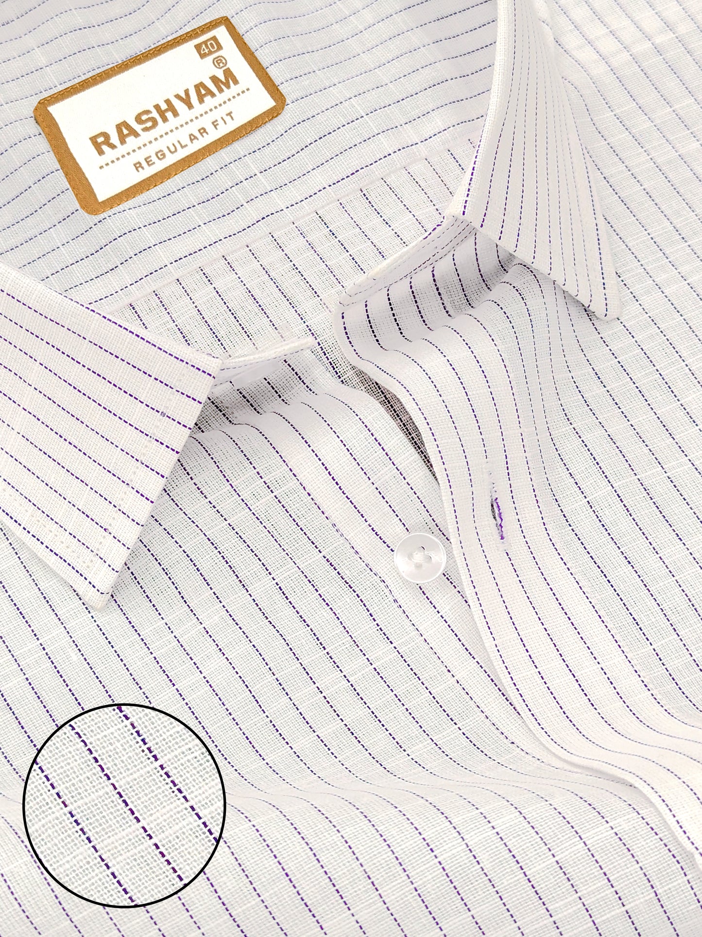 Arezzo Italian Premium Linen Purple Multi Line On White Formal Shirt For Men