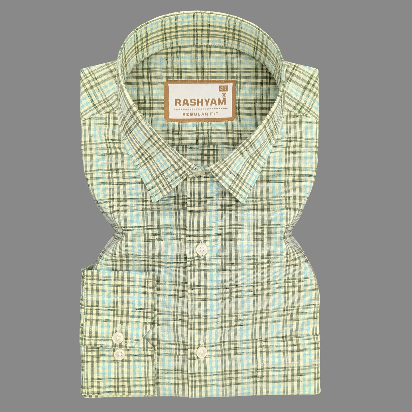 Viridian Green With Coral Blue Multi Checks Giza Cotton Shirt