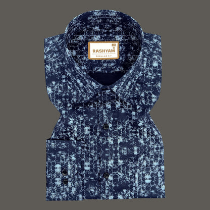 Pacentro Honeycomb Print On Navy Blue Formal Giza Cotton Shirt