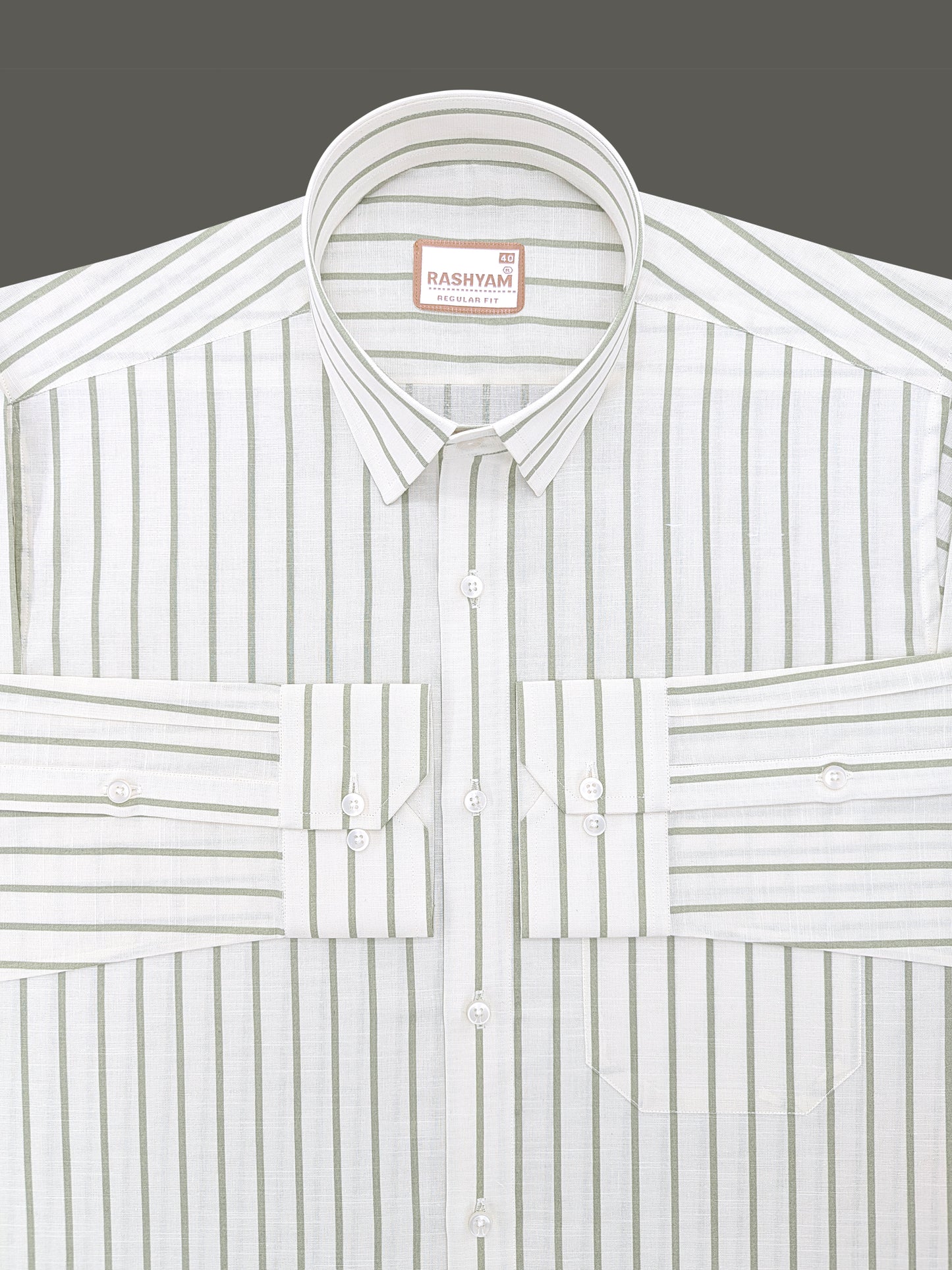 Italian Premium Linen Green Line On Cream Formal Shirt For Men