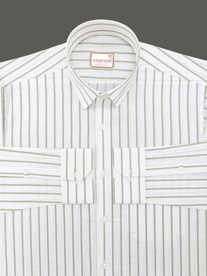 Italian Premium Linen Green Line On Cream Formal Shirt For Men